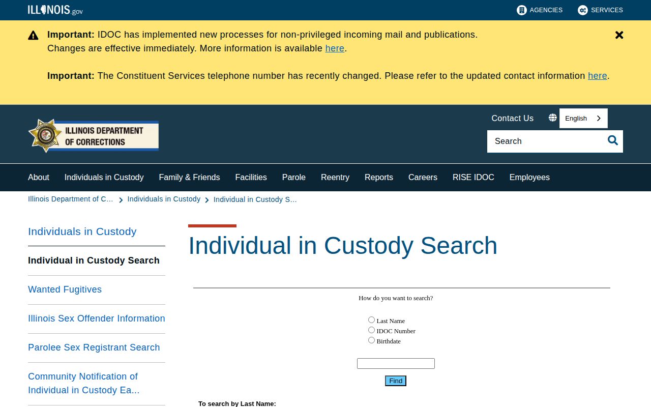 Illinois prison search for post-arrest Livingston County custody