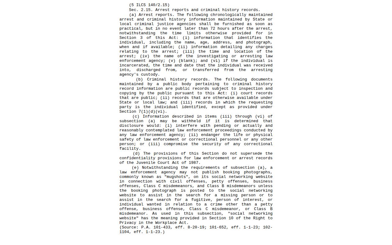 Illinois arrest information law for Livingston County booking records
